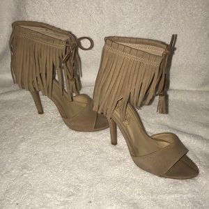 Taupe nude fringe heels
